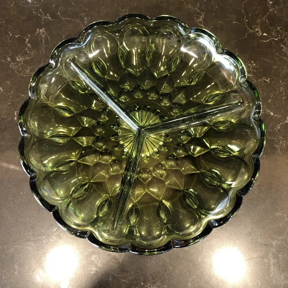 Indiana Glass Avocado Green colony park lane style serving plate with 3 sections